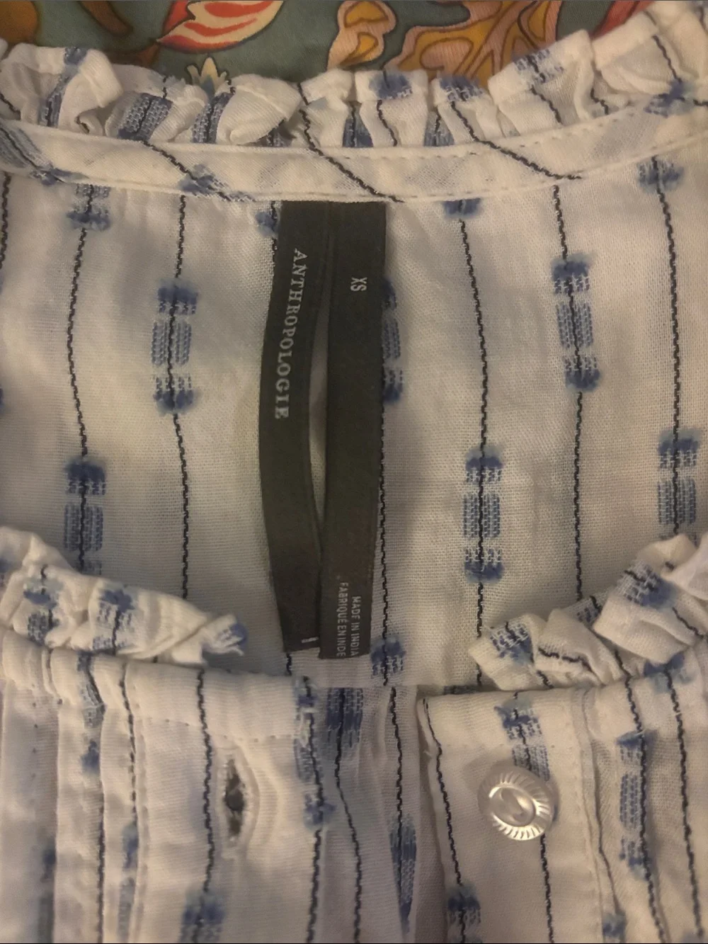 Anthropologie White top with Blue Stripe and Small Floral Embroidery